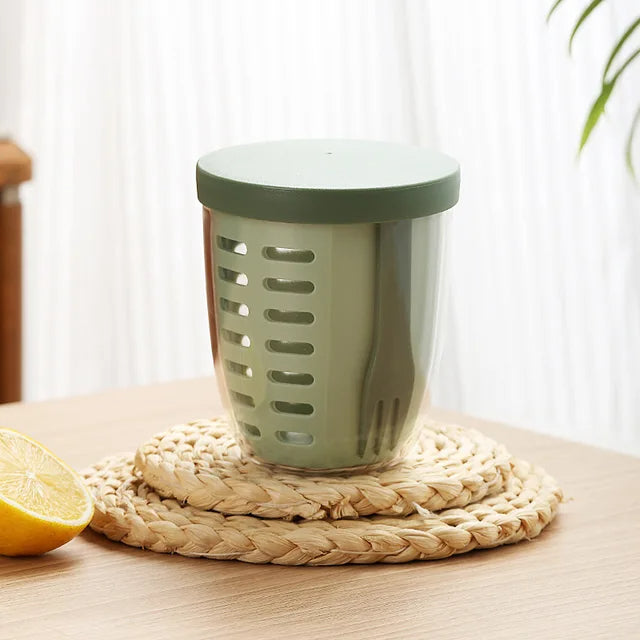 Portable fruit cup in green color with strainer and fork leak proof snack container for fruit on the go (Color: Green)