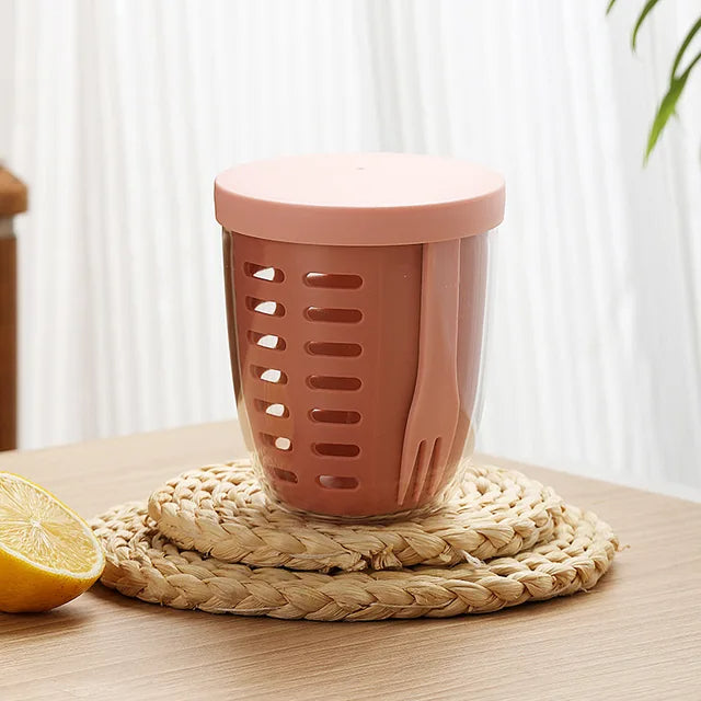 Portable fruit cup in pink color with strainer and fork leak proof snack container for fruit on the go (Color: Pink)