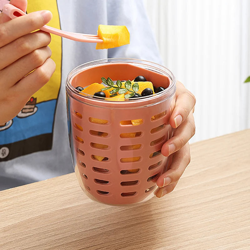 Portable fruit cup with strainer and fork leak proof snack container for fruit on the go product shot