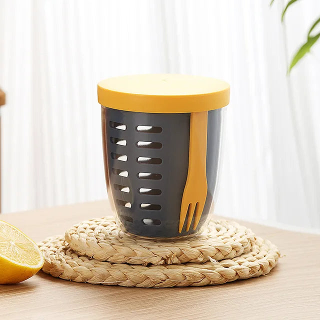 Portable fruit cup in yellow color with strainer and fork leak proof snack container for fruit on the go (Color: Yellow)