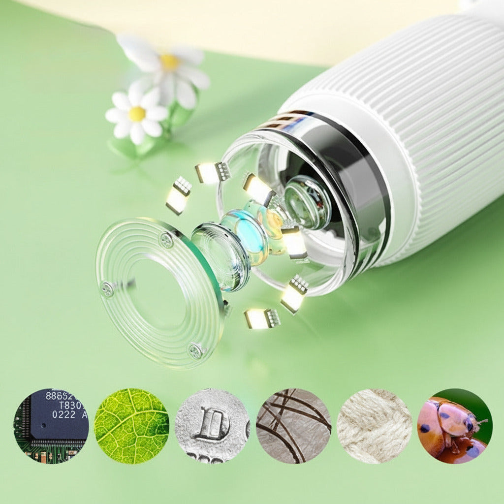Portable handheld microscope for kids designed for children to explore and observe small objects during learning and science activities in multiple colors depiction of magnification and lenses