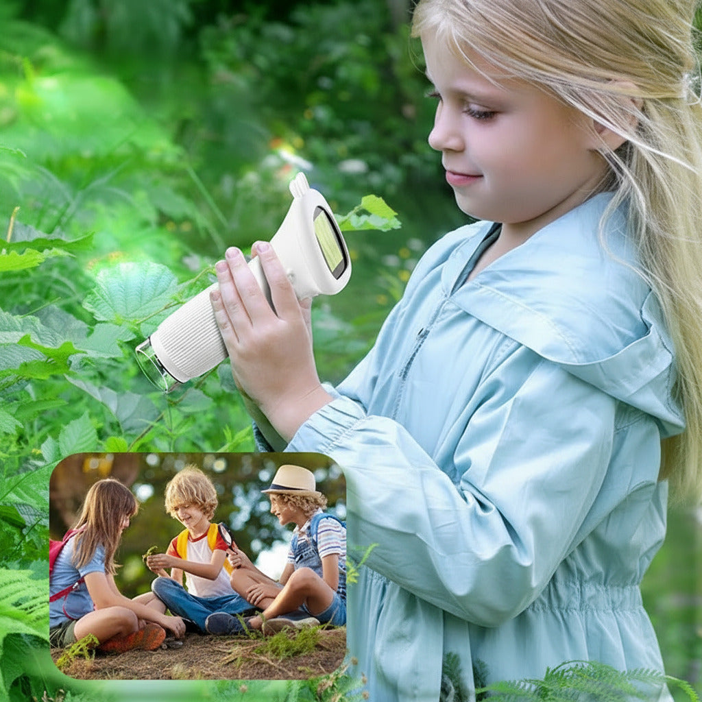 Portable handheld microscope for kids designed for children to explore and observe small objects during learning and science activities depiction of use