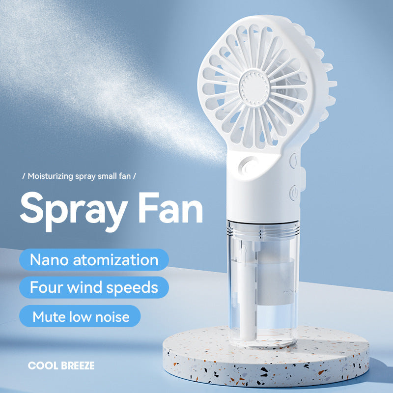 Portable handheld mist spray fan with water tank and 4-speed cooling for outdoor summer use depiction of features