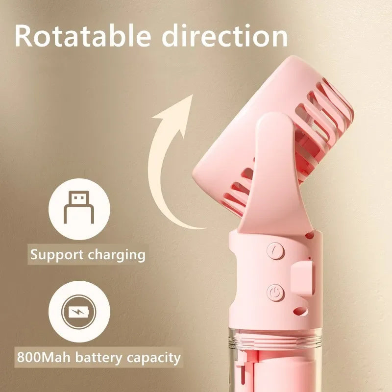 Portable handheld mist spray fan with water tank and 4-speed cooling for outdoor summer use depiction of rotation feature