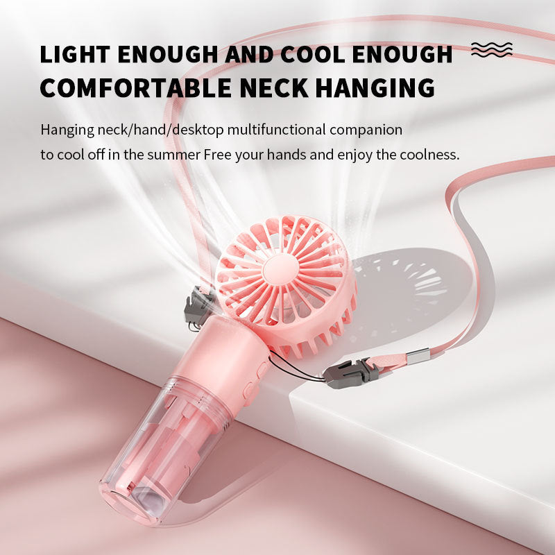 Portable handheld mist spray fan with water tank and 4-speed cooling for outdoor summer use depiction of specifications