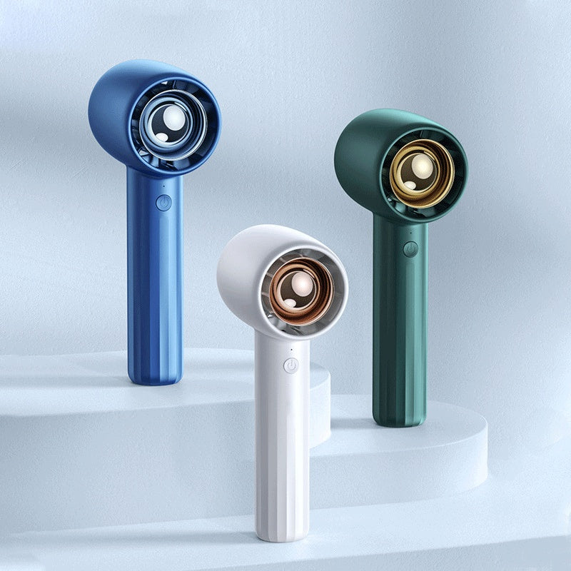 Portable handheld turbo fan with three speed settings designed for powerful personal cooling on the go in various colors