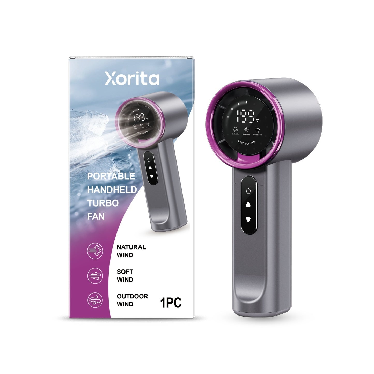Portable handheld turbo fan in gray color designed to deliver powerful airflow for personal cooling indoors and outdoors (Color: Gray)