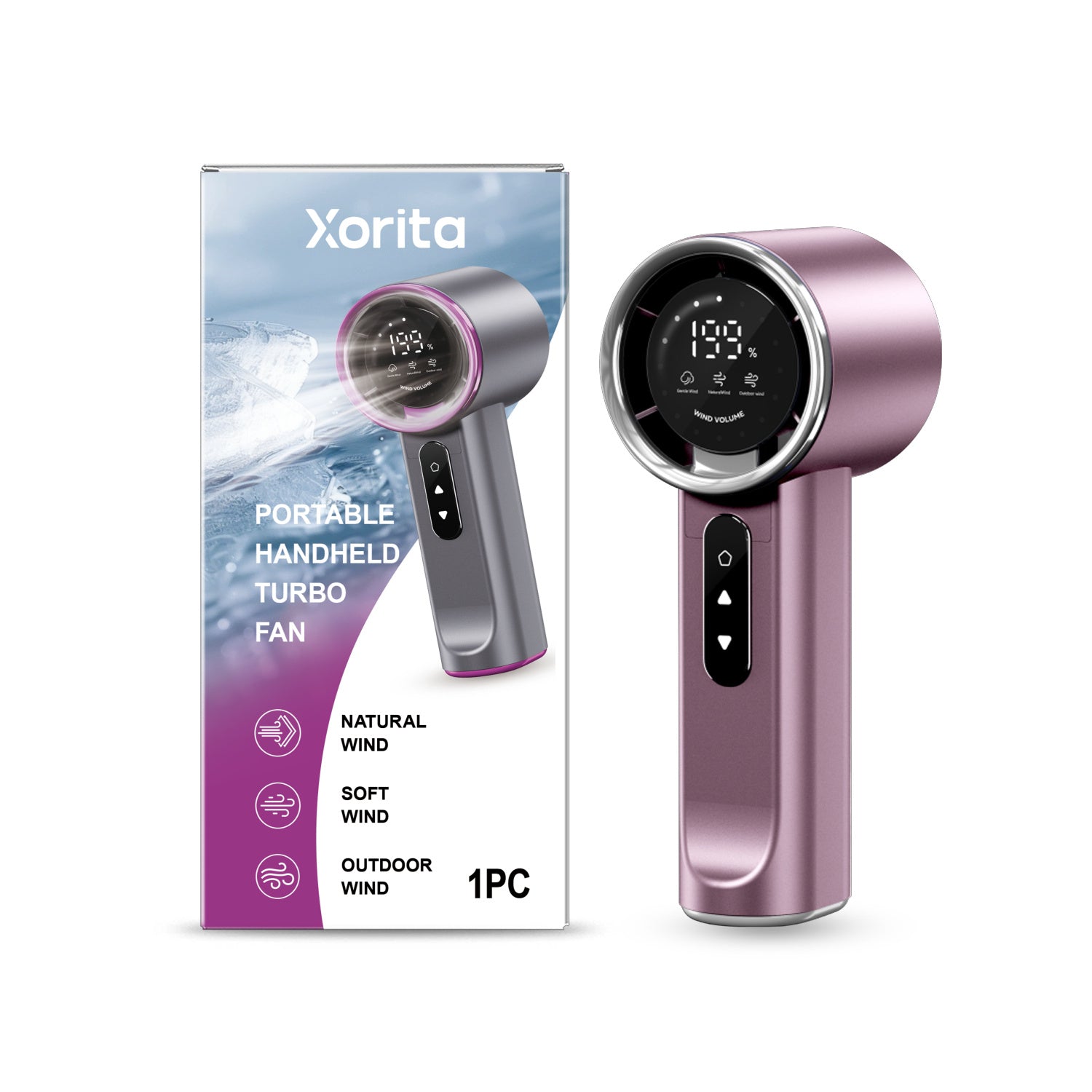 Portable handheld turbo fan in purple color designed to deliver powerful airflow for personal cooling indoors and outdoors (Color: Purple)