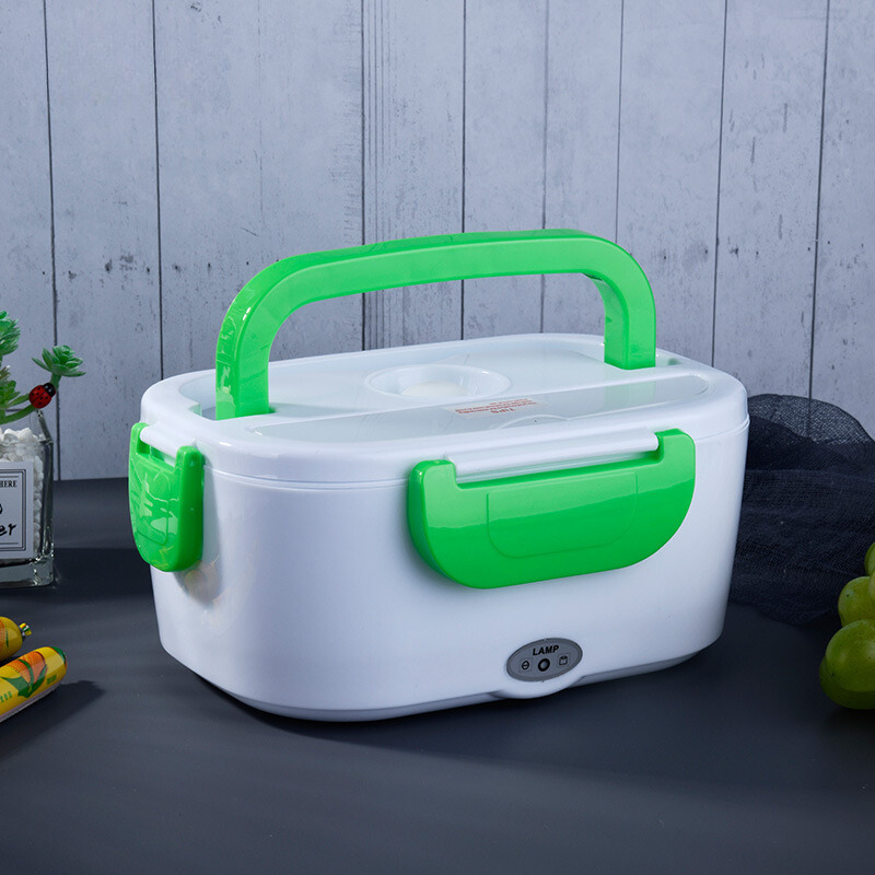 Portable heated lunch box in green color with car and home adapters for warming meals on the go (Color: Green)
