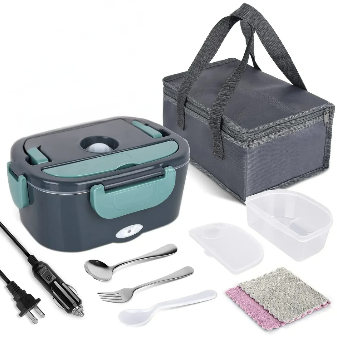 Portable heated lunch box with car and home adapters for warming meals on the go