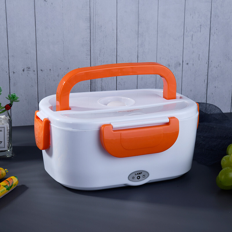Portable heated lunch box in orange color with car and home adapters for warming meals on the go (Color: Orange)