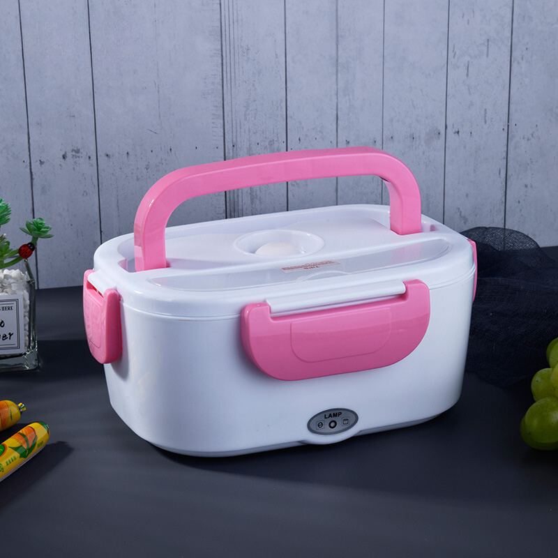 Portable heated lunch box in pink color with car and home adapters for warming meals on the go (Color: Pink)