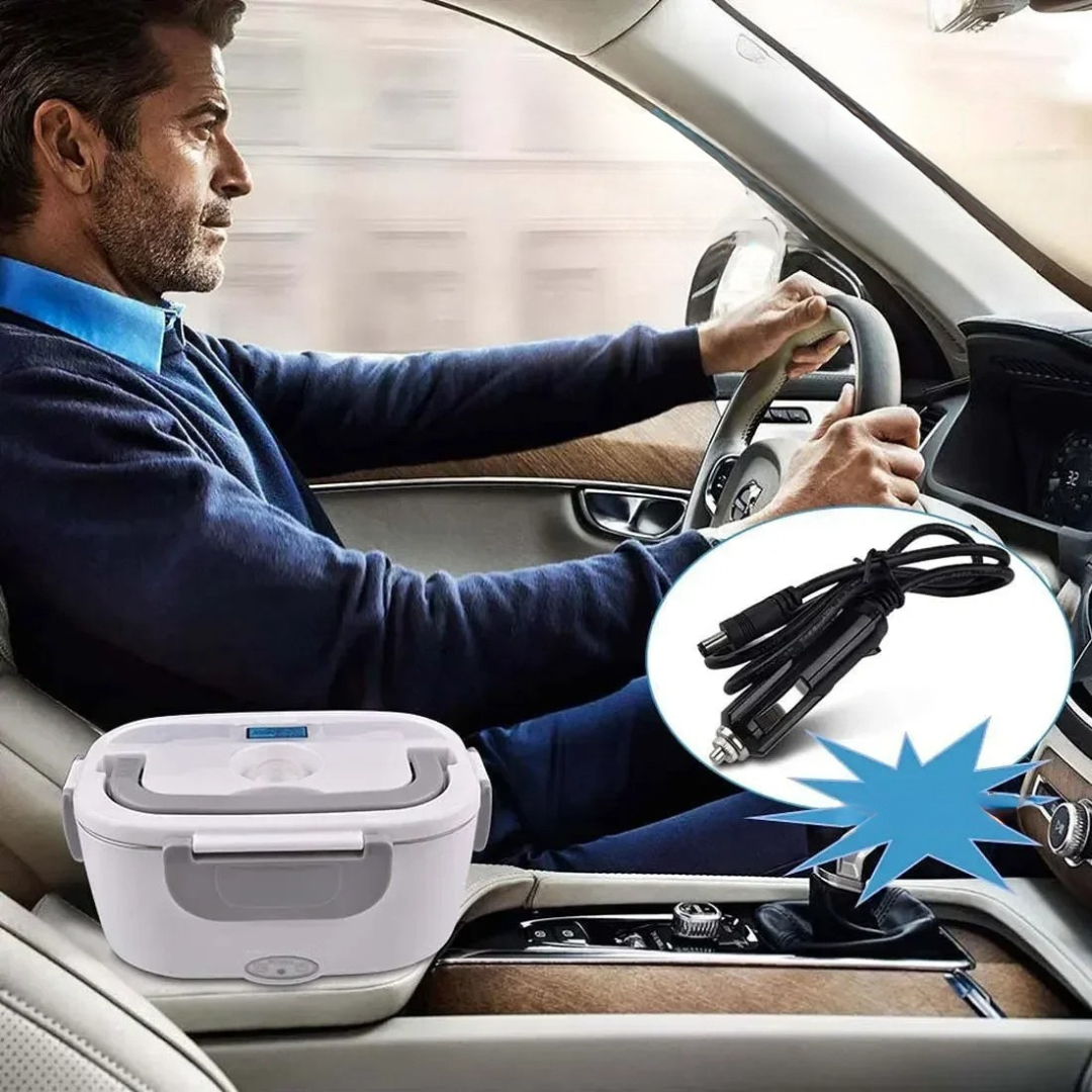 Portable heated lunch box with car and home adapters for warming meals on the go depiction of use in a car