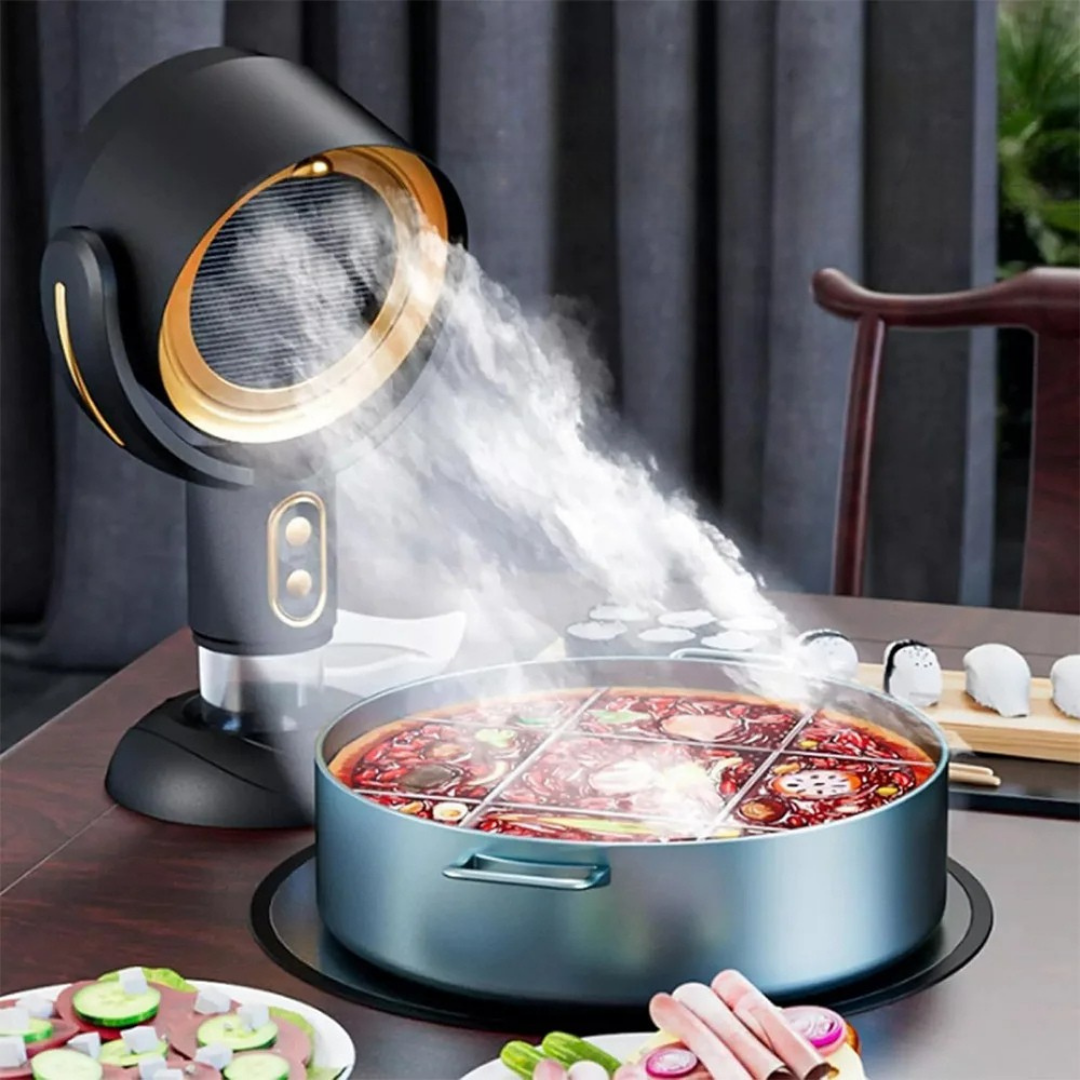 Portable range hood purifier for removing smoke odors and steam during cooking in small spaces depiction of purifying cooking steam