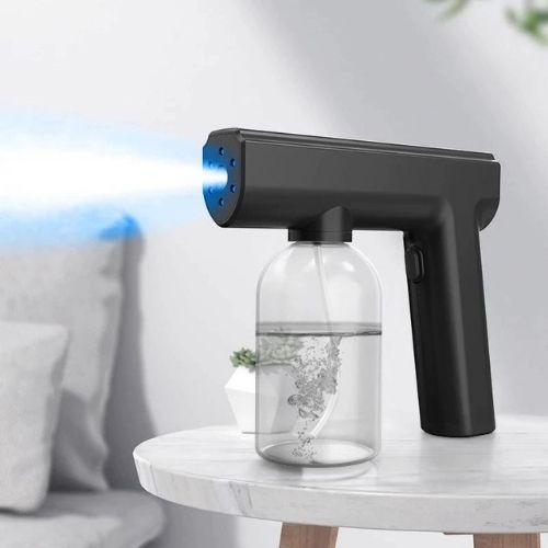 Portable sanitizing sprayer with rechargeable battery and fogging design for home vehicle and surface disinfection product shot