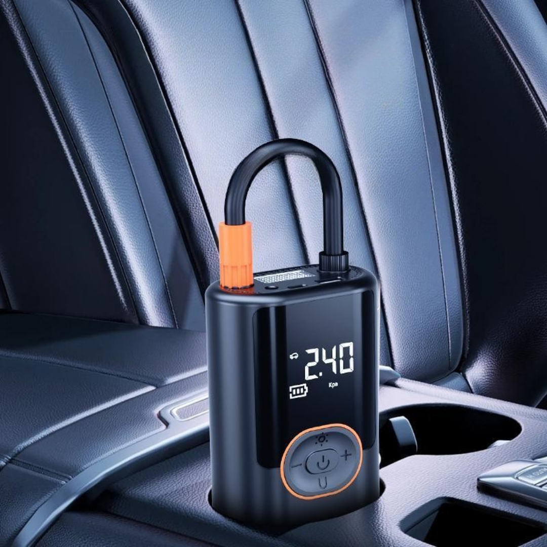 Portable tire inflator with preset modes and power bank function for car bike and ball inflation product shot in a car