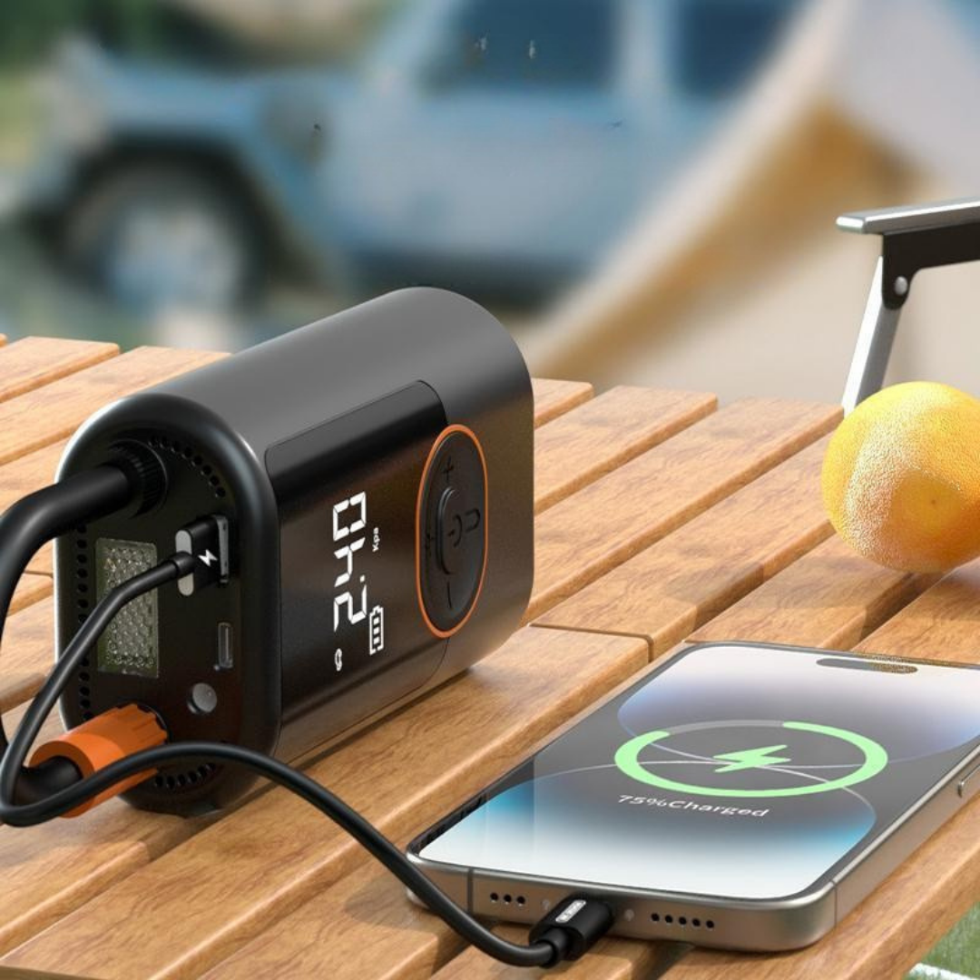 Portable tire inflator with preset modes and power bank function for car bike and ball inflation depiction of power bank functionality