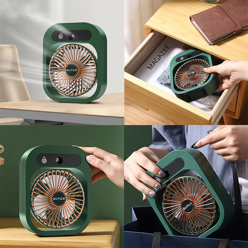 Portable USB desk misting fan with water spray cooling and 3-speed airflow for home or office