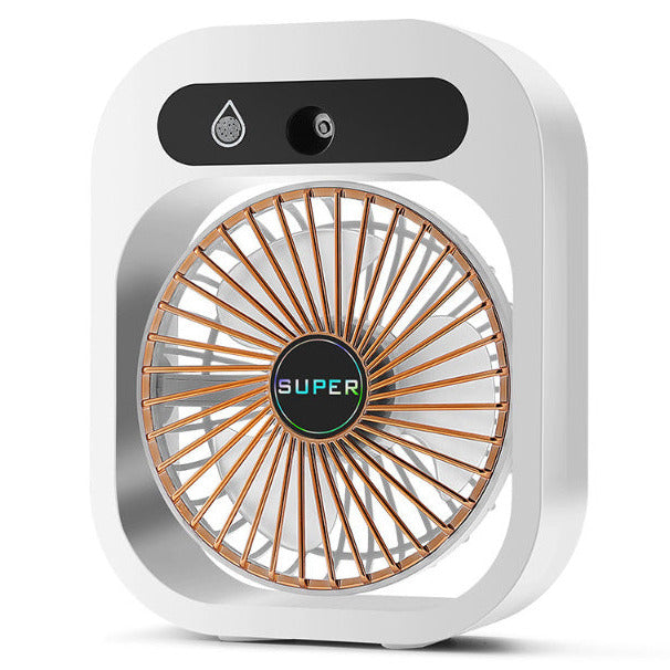 Portable USB desk misting fan in white color with water spray cooling and 3-speed airflow for home or office (Color: White)