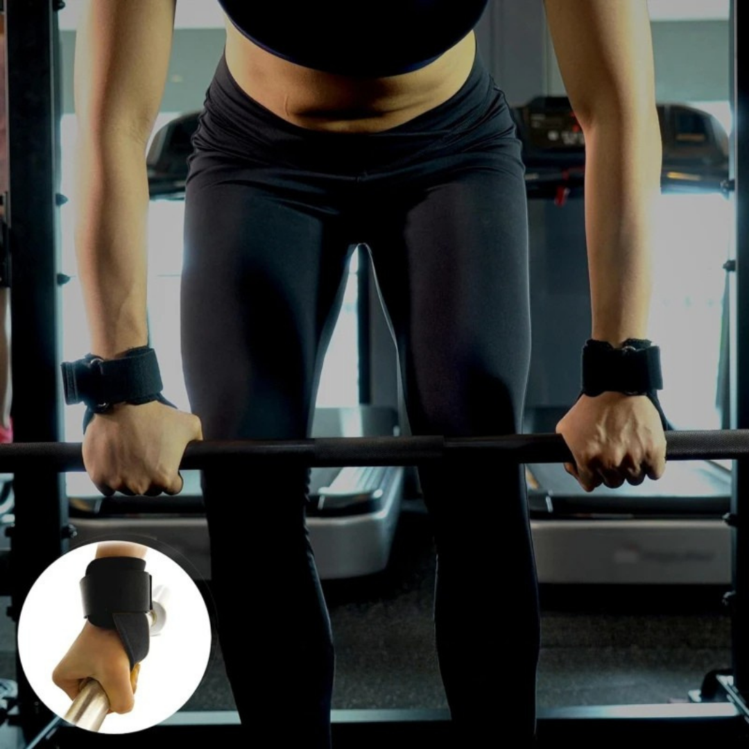Power grip lifting straps for strength training deadlifts and pull ups with wrist support depiction of use