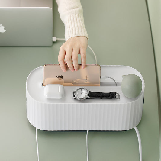 Power strip cable storage box with hidden wire management design for cleaner desk and home organization product shot