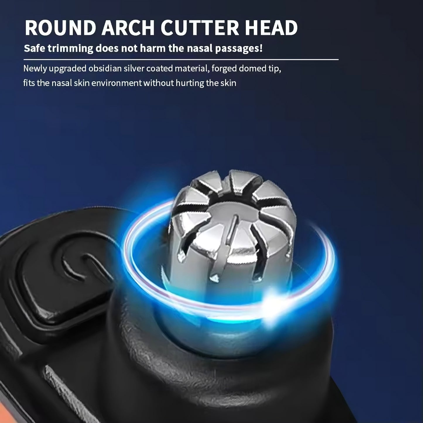 Precision grooming trimmer for nose ear and eyebrow trimming with cordless rechargeable design depiction of round arch cutter head