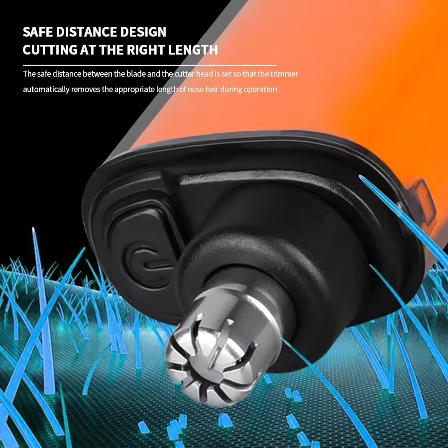 Precision grooming trimmer for nose ear and eyebrow trimming with cordless rechargeable design depiction of safe distance design