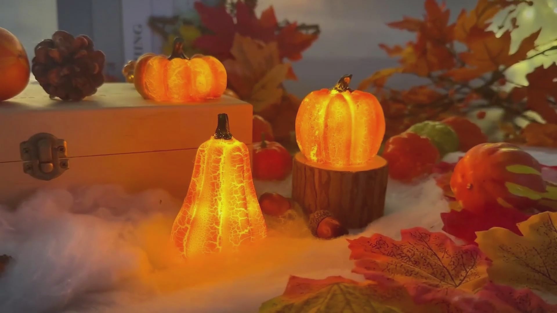 Halloween LED pumpkin light decoration with glowing candle-style illumination for festive home or porch decor video