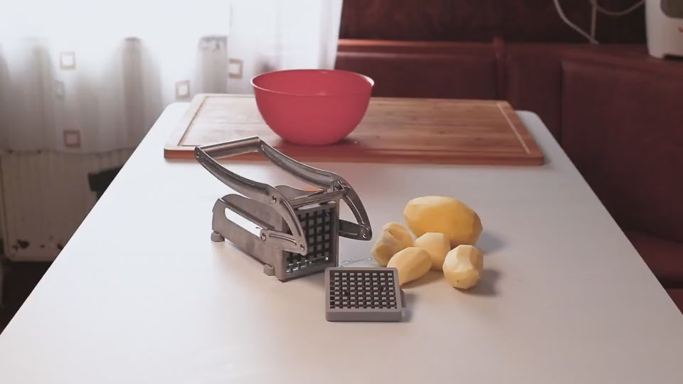 Stainless steel vegetable cutter with interchangeable blades for slicing and mashing potatoes, carrots, and other vegetables video