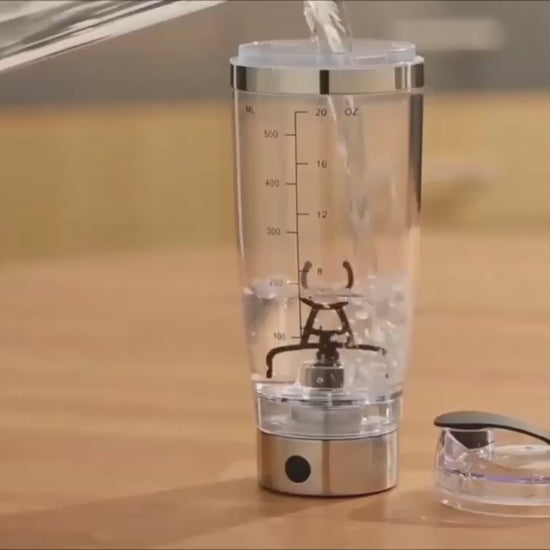 Electric protein shake mixer bottle designed to blend protein powders and drinks smoothly with one-touch operation video