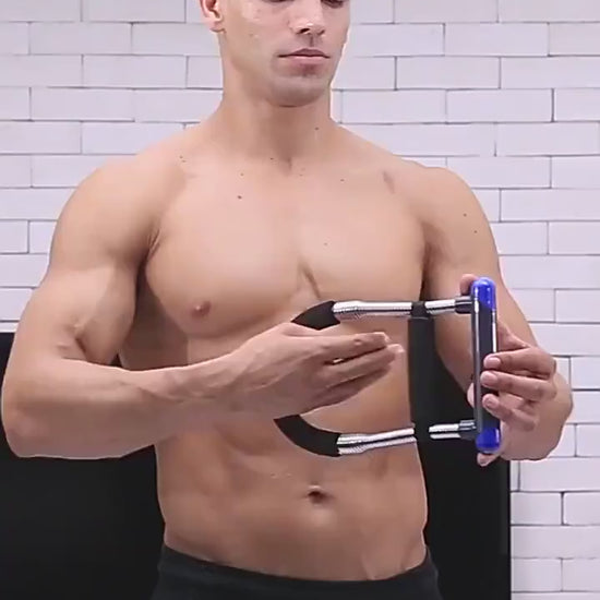 Adjustable hand grip and forearm strength trainer used for wrist, hand, and arm muscle exercises to improve grip strength in use video