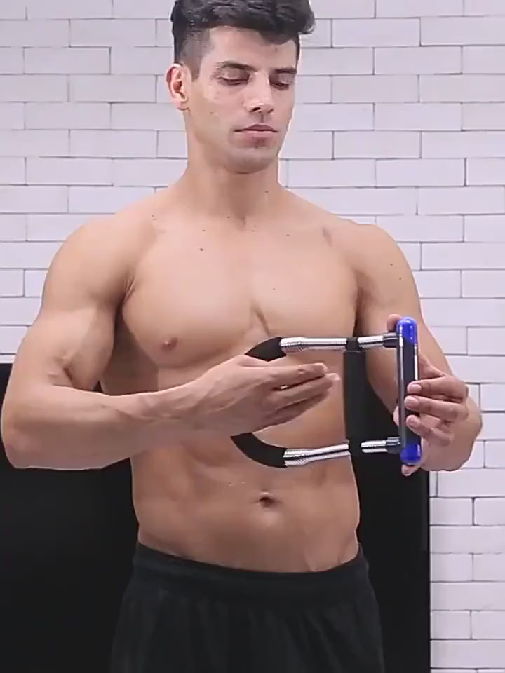 Adjustable hand grip and forearm strength trainer used for wrist, hand, and arm muscle exercises to improve grip strength in use video