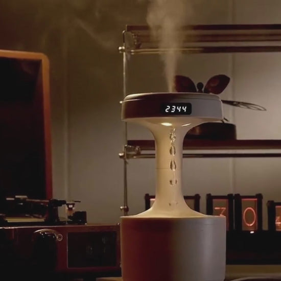 Anti-gravity humidifier video with levitating water drop effect producing cool mist for home or office