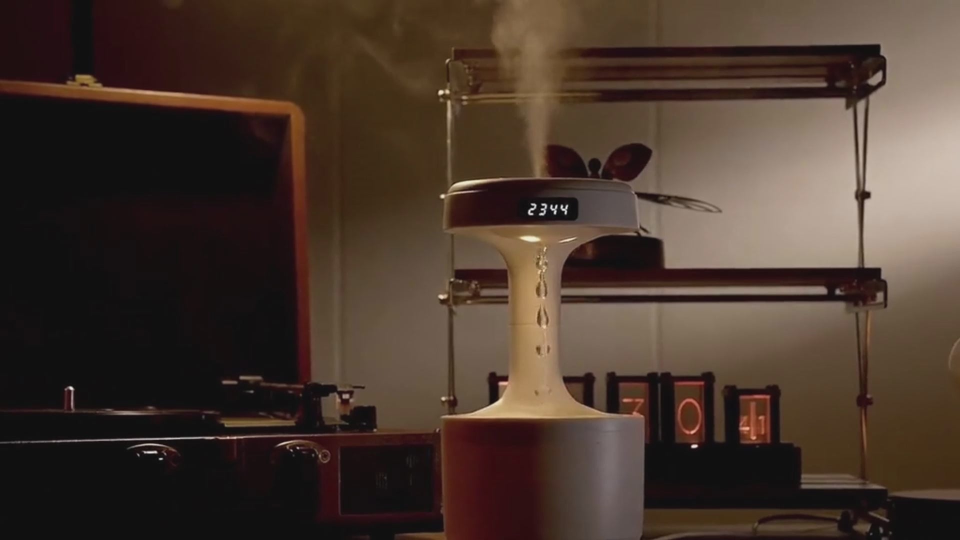 Anti-gravity humidifier video with levitating water drop effect producing cool mist for home or office
