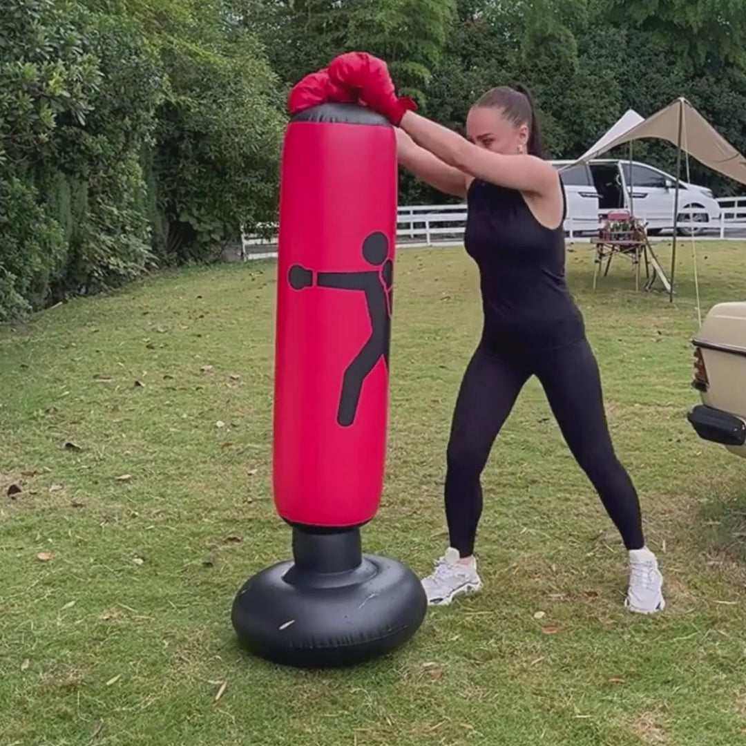 Inflatable boxing trainer with freestanding rebound design for cardio workouts stress relief and home fitness video
