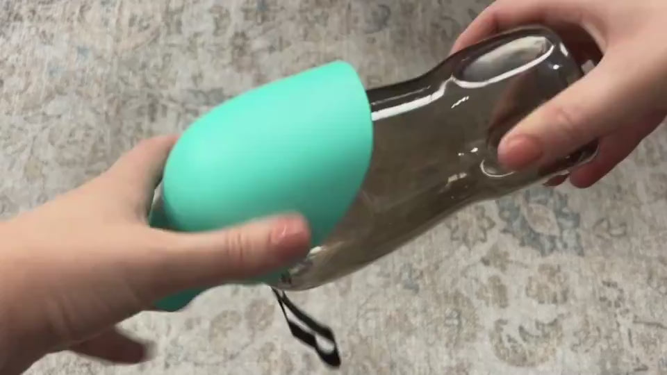 Portable dog water bottle with built-in bowl and one-button dispenser for outdoor hydration video