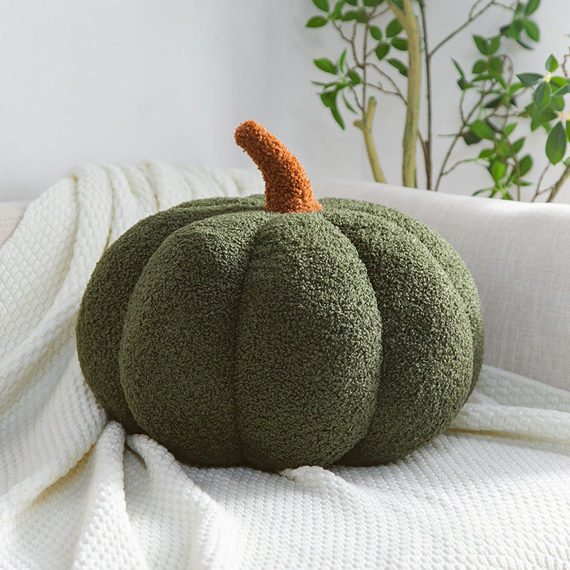 Pumpkin plush pillow in dark green color with soft teddy velvet fabric for cozy seasonal home decor (Color: Dark Green)