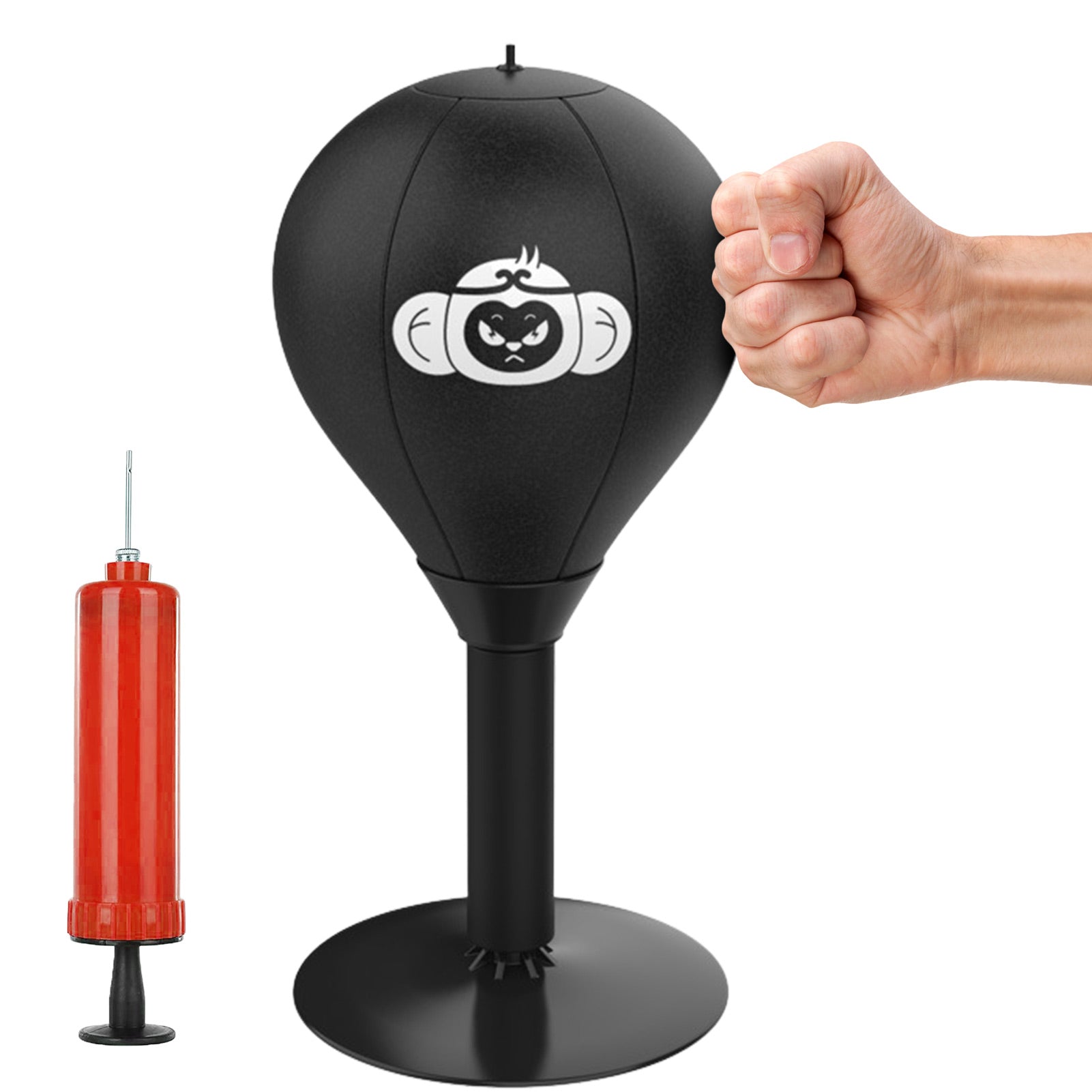 Desktop punching bag with suction base for stress relief featuring a soft impact surface and durable spring for repeated use depiction of punch