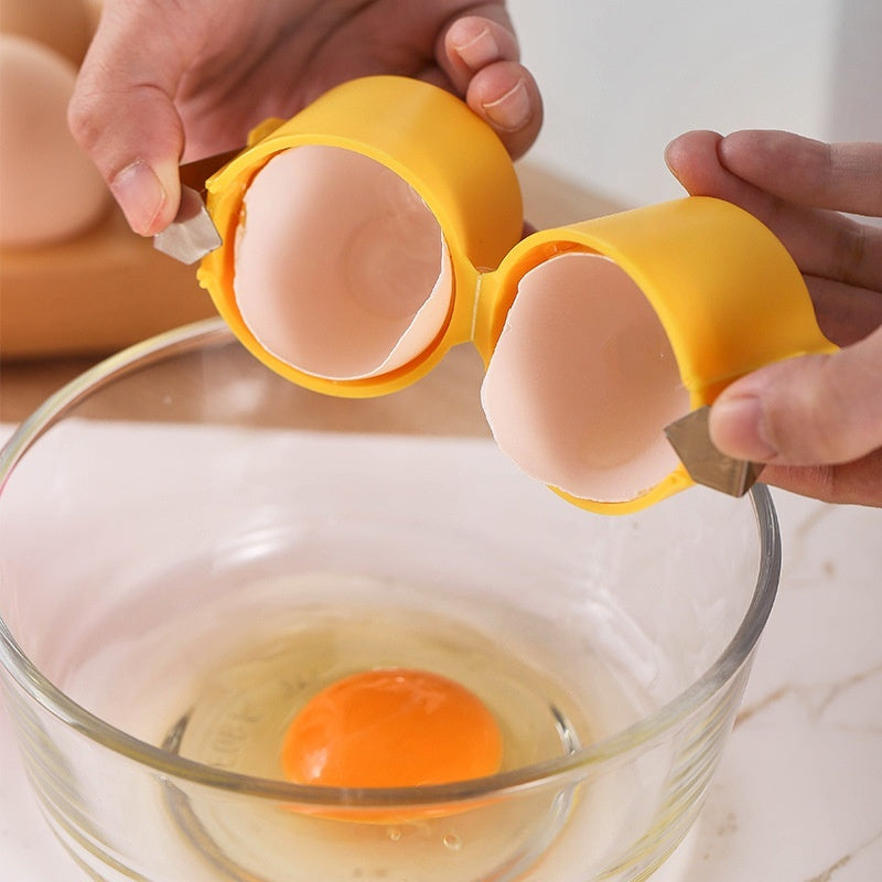 Quick and easy egg shell opener with stainless steel design for clean mess free egg cracking and separation alternate depiction of use