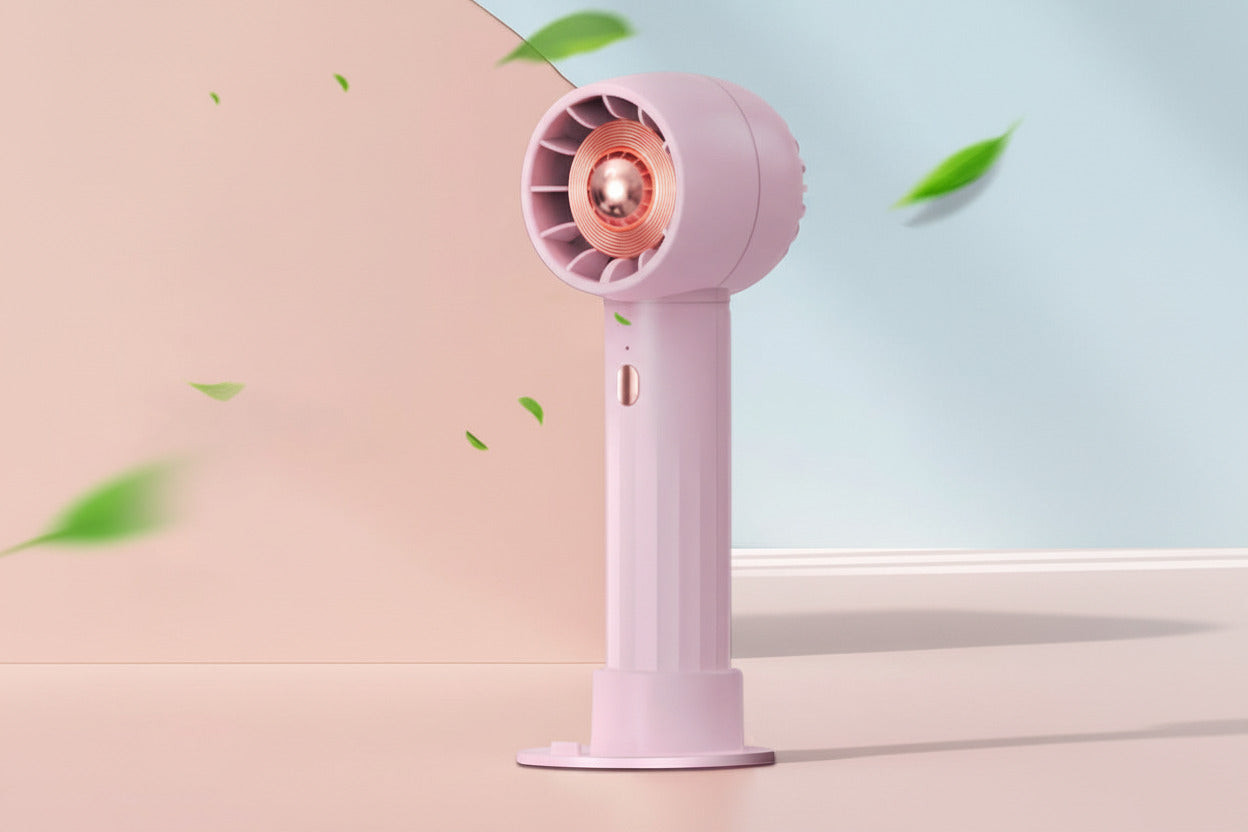 Quiet portable turbo fan with built-in stand designed for silent personal cooling on desks or handheld use product shot