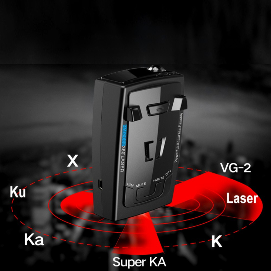 Car radar detector with long range laser detection and speed monitor alerts for driving awareness depiction of laser types that can be detected