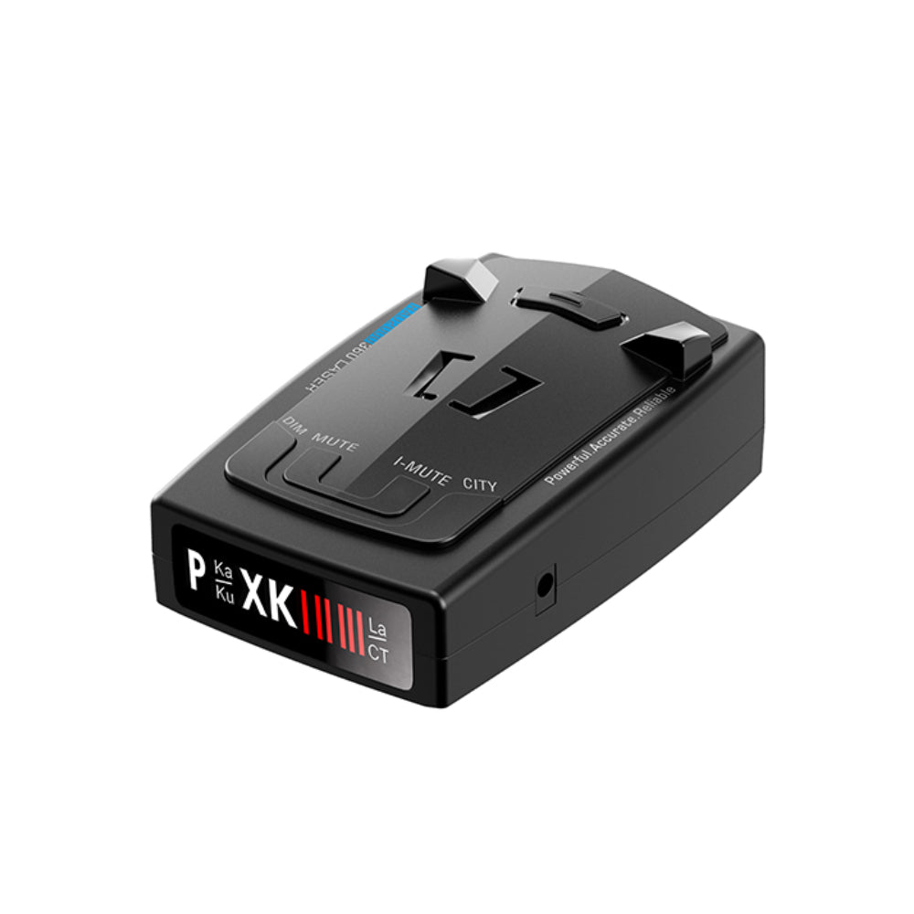 Car radar detector with long range laser detection and speed monitor alerts for driving awareness product shot