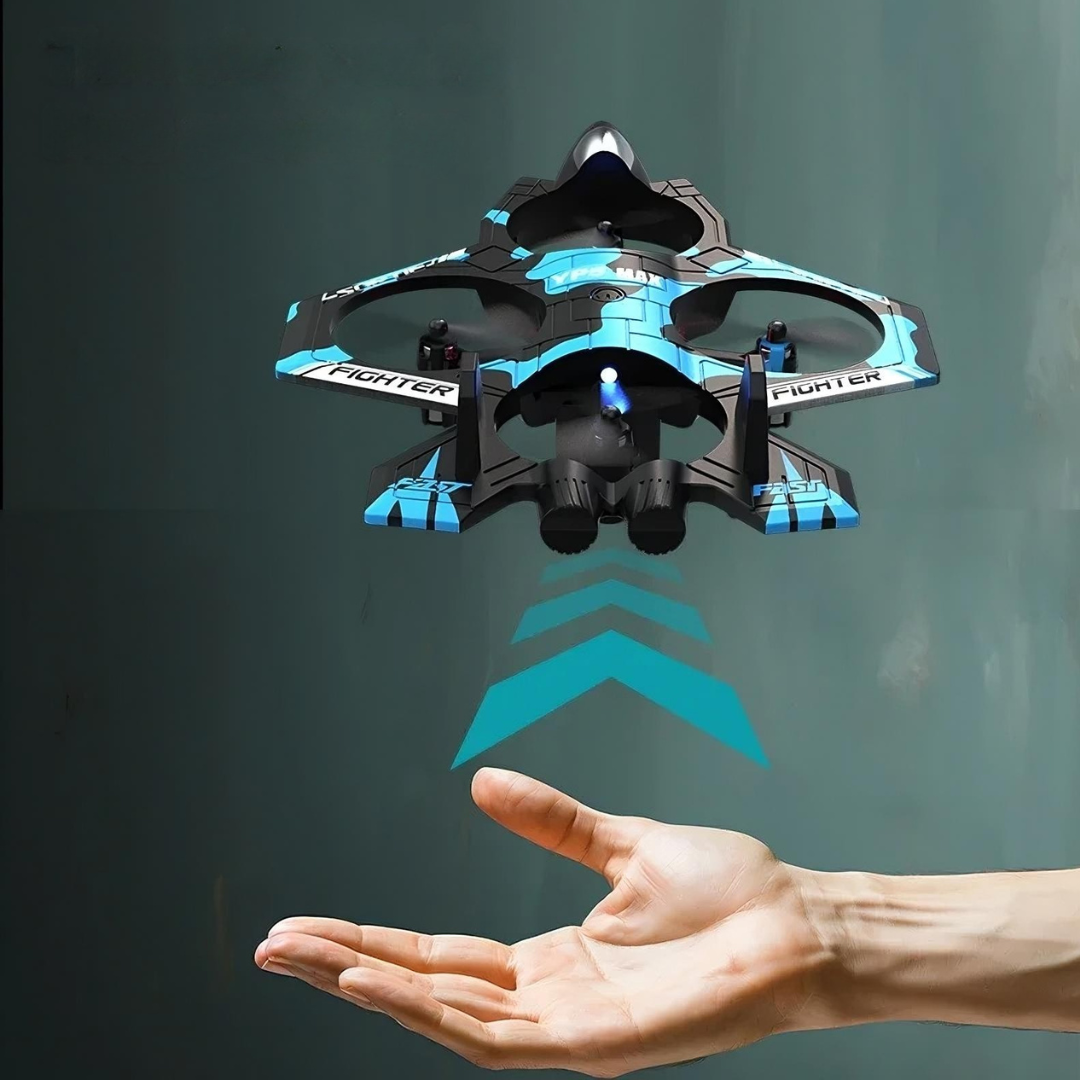 Remote control foam fighter drone with led lights and auto hover for kids and beginners depiction of landing from uplifting hand