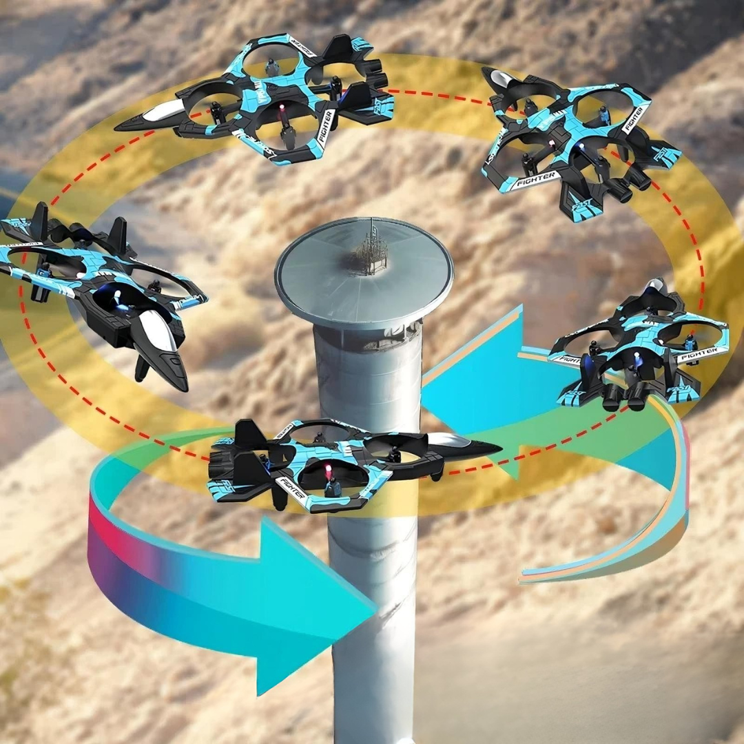 Remote control foam fighter drone with led lights and auto hover for kids and beginners depiction rotation