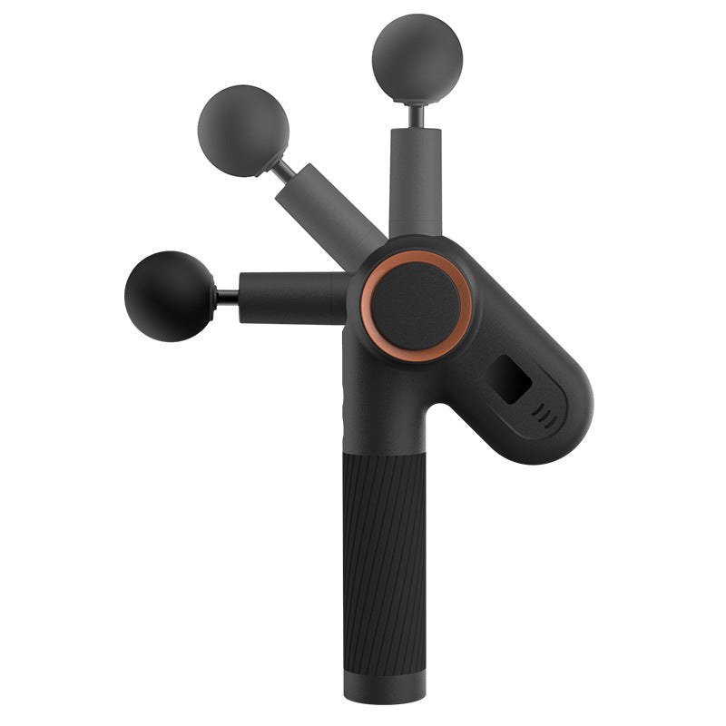 Rechargeable massage gun with rotatable head and adjustable speed levels designed for muscle recovery and relaxation depiction of head rotation