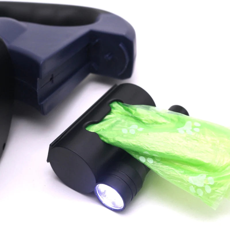 Retractable dog leash with led light and waste bag dispenser for safe and convenient walks depiction of bag dispenser