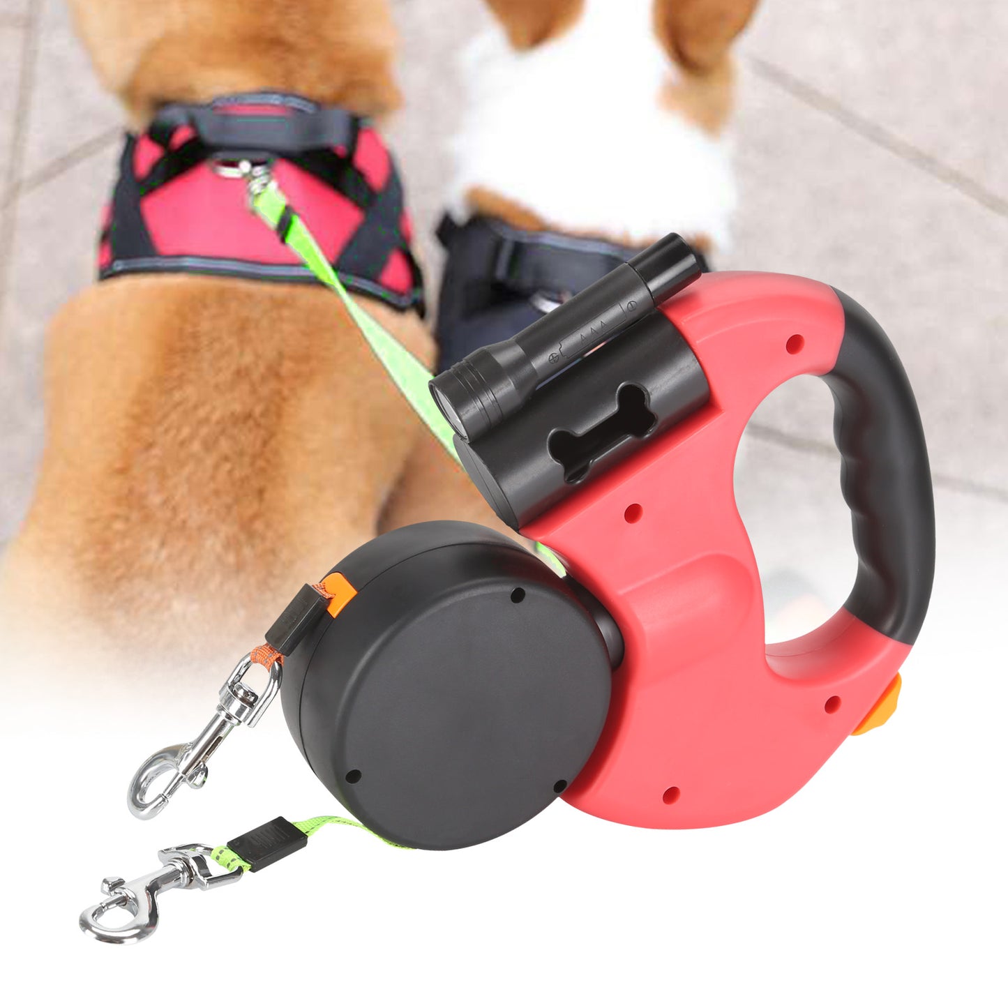 Retractable dog leash with led light and waste bag dispenser for safe and convenient walks depiction of use