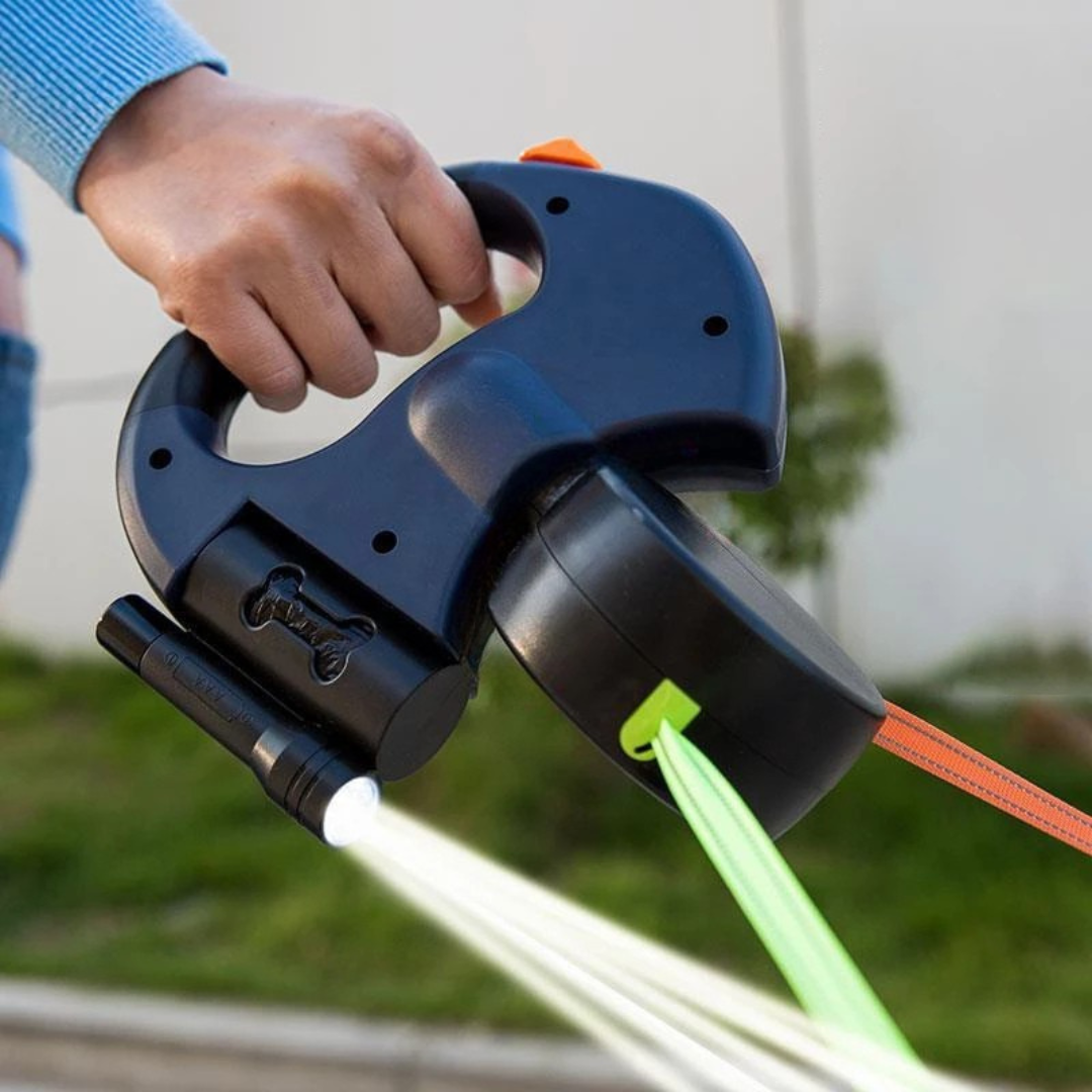 Retractable dog leash with led light and waste bag dispenser for safe and convenient walks product shot