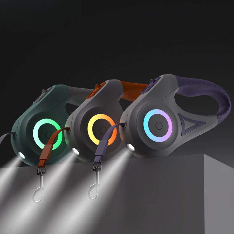 Retractable led dog leash with flashlight and rgb light ring for night walking safety multiple product shot