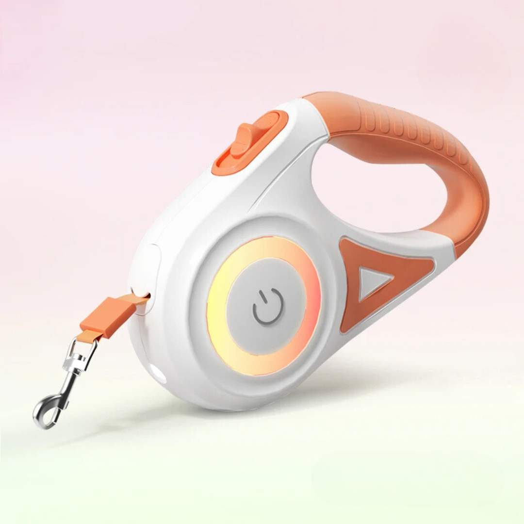 Retractable led dog leash in orange color with flashlight and rgb light ring for night walking safety (Color: Orange)
